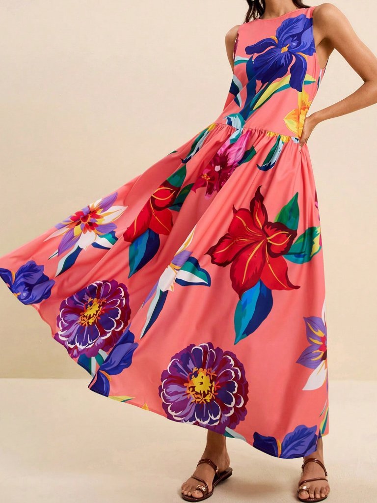 Pink Boho Women's Tropical Floral Print Loose Fit Dress
